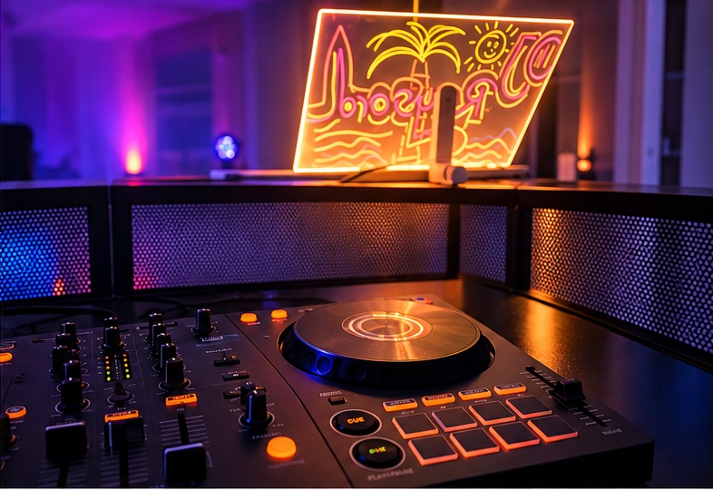 DJ-Controller mit stimmungsvoller Neonbeleuchtung
