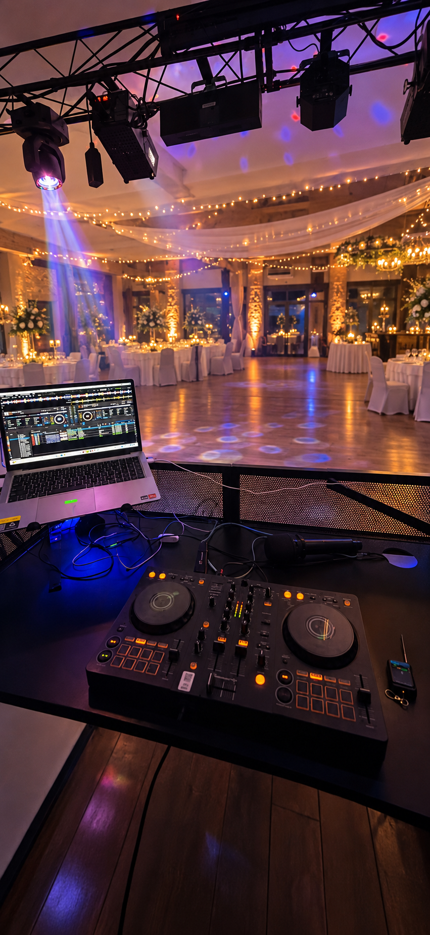 Festlich beleuchteter Hochzeitssaal mit DJ-Pult und Tanzfläche